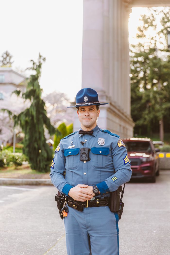 Washington State Patrol officer in uniform at the State Capitol in Olympia, Washington.